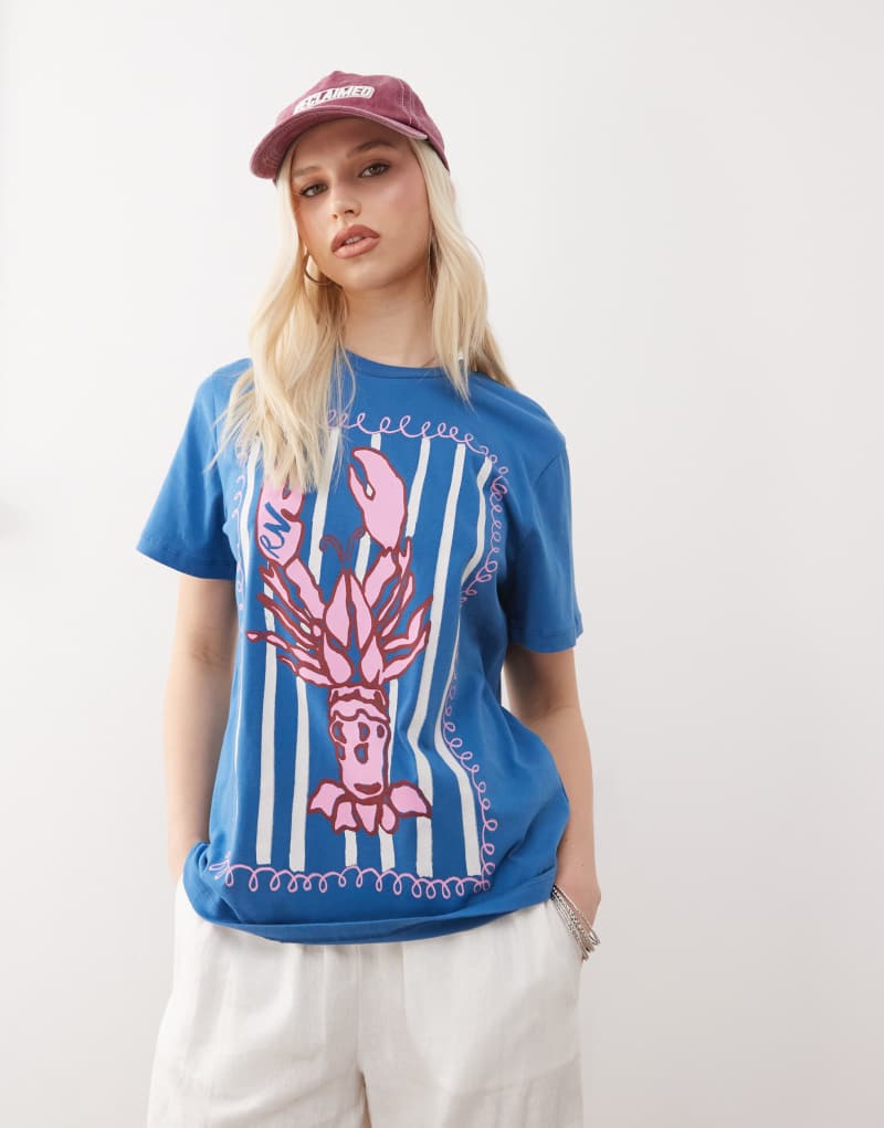 Reclaimed Vintage lobster print oversized t-shirt in blue Reclaimed Vintage