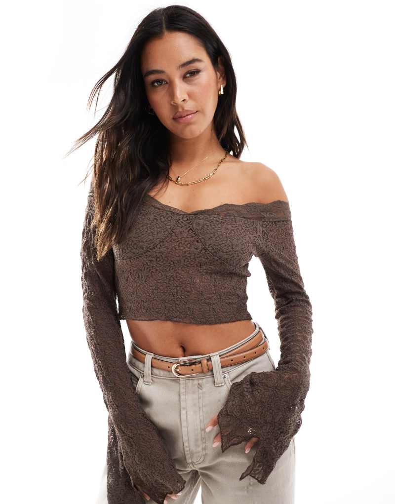 Stradivarius STR off shoulder lace detail top in brown  Stradivarius