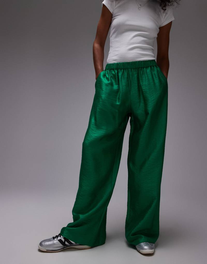 Topshop textured satin straight leg drawstring pants in green Topshop