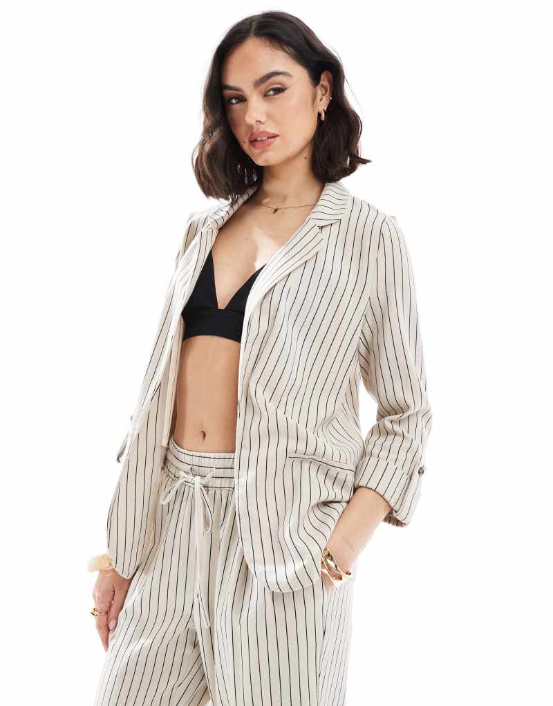 Vero Moda mix and match linen touch tailored blazer in cream stripe - part of a set Vero Moda