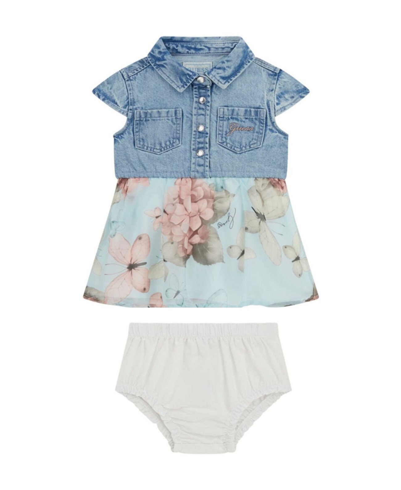 Baby Girl Mixed Fabric Denim and Chiffon Dress Guess