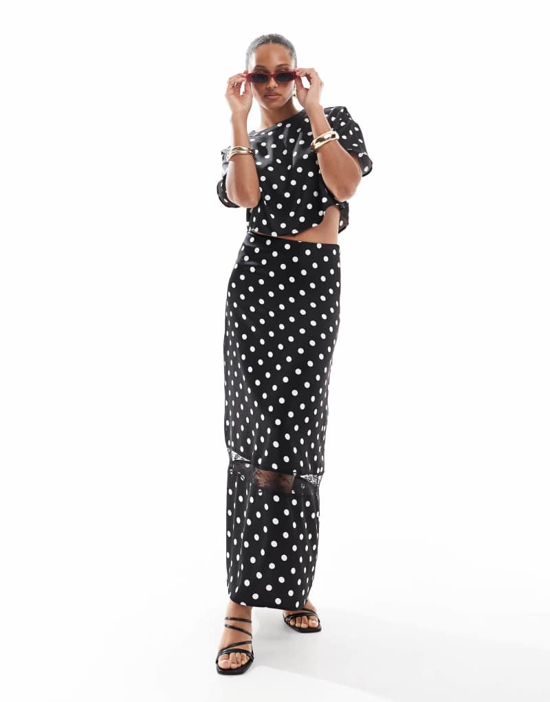 4th & Reckless satin lace insert maxi skirt in black polka dot - part of a set 4Th & Reckless