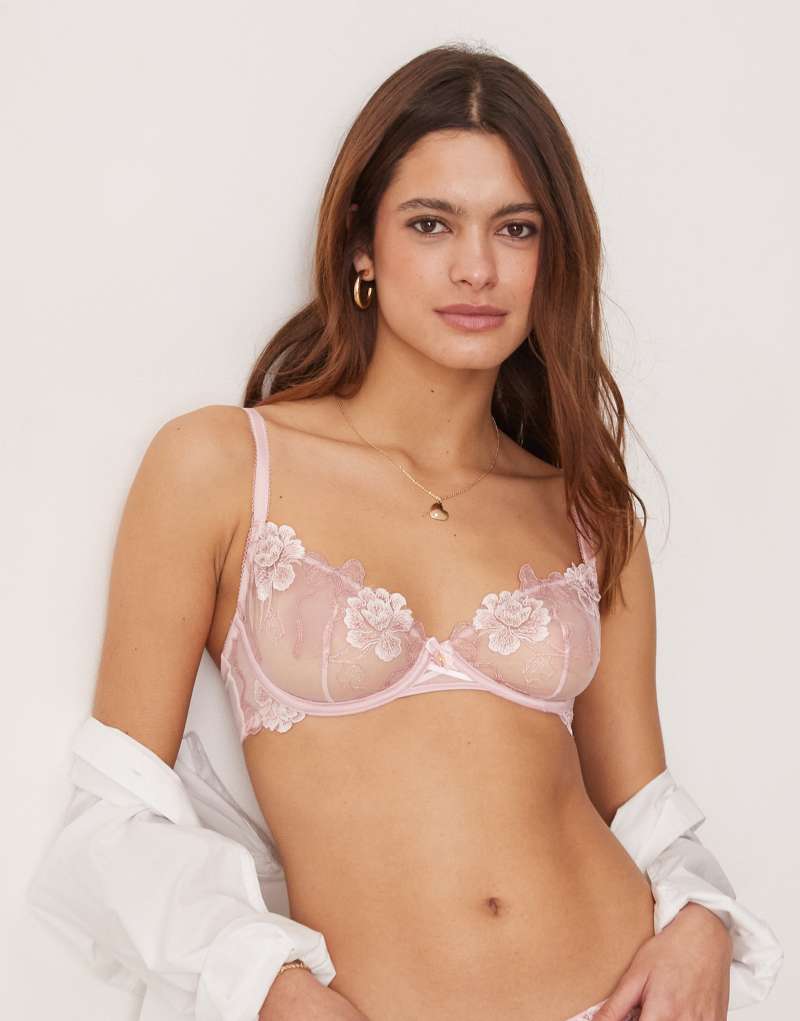 Boux Avenue bow & floral embroidered balconette bra in pink Boux Avenue