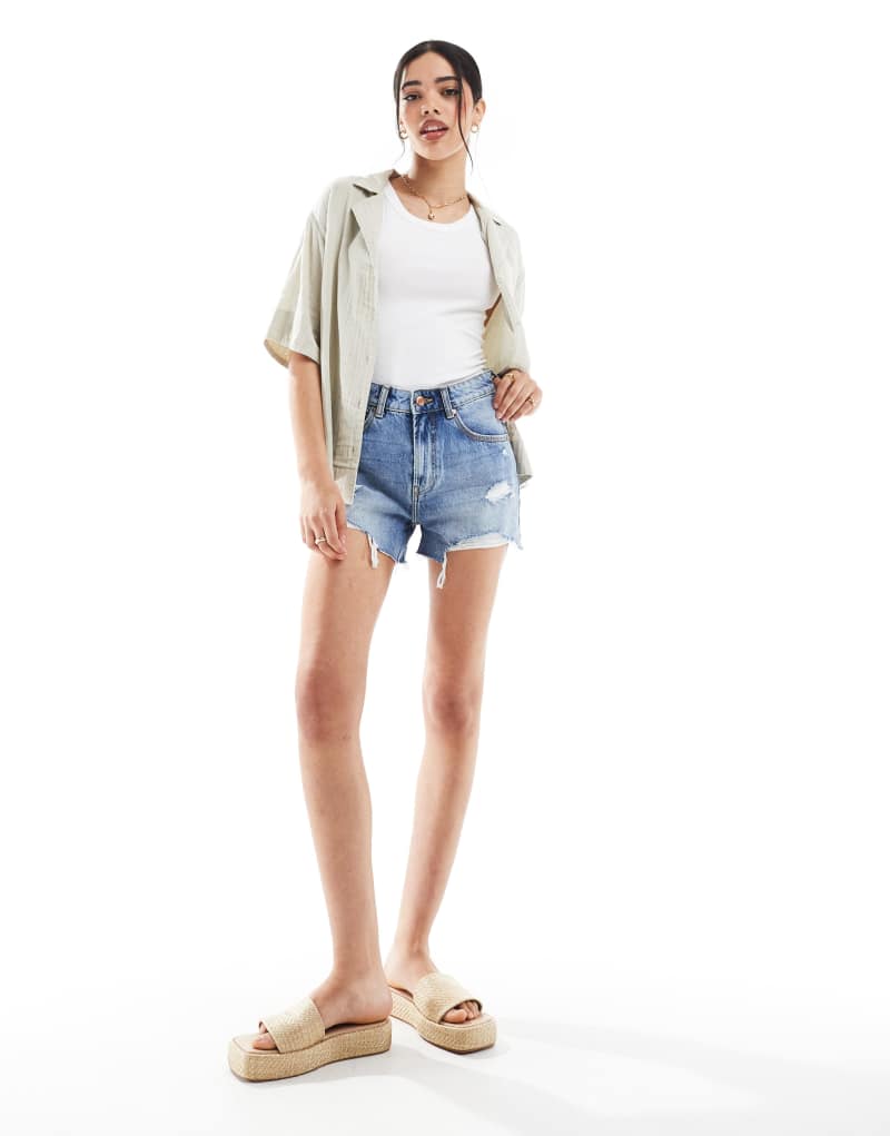 Bershka high rise ripped denim shorts in mid blue Bershka