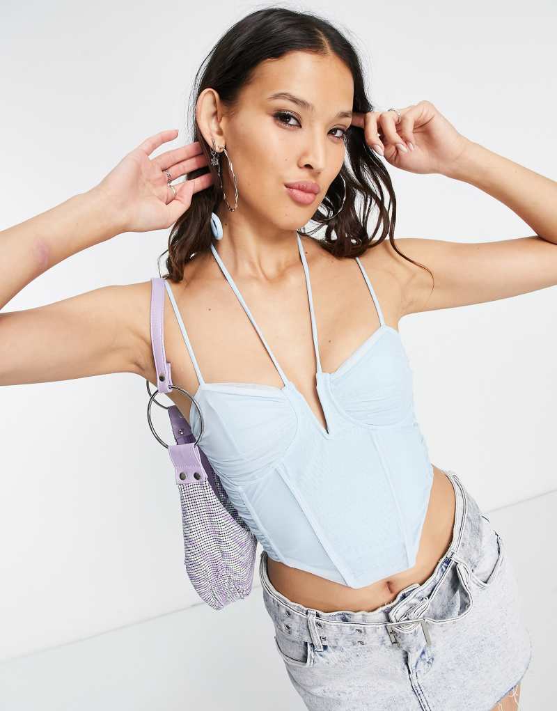 Bershka corset detail halterneck crop top in baby blue Bershka