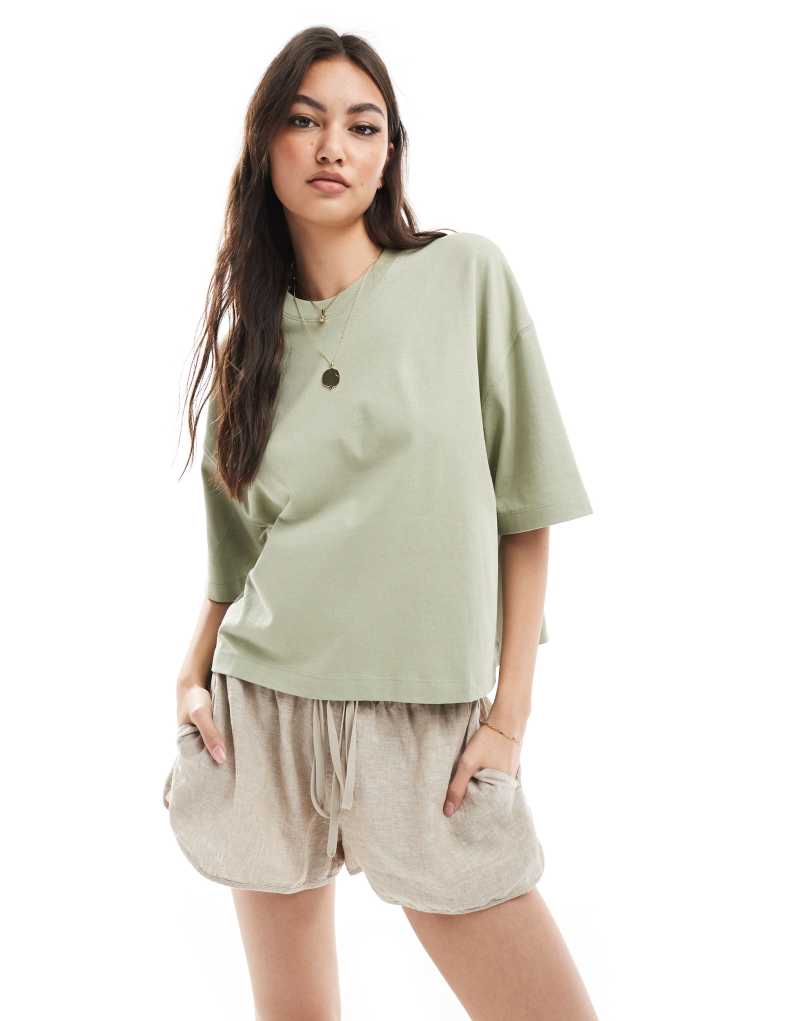 Bershka boxy fit oversized tee in khaki green Bershka