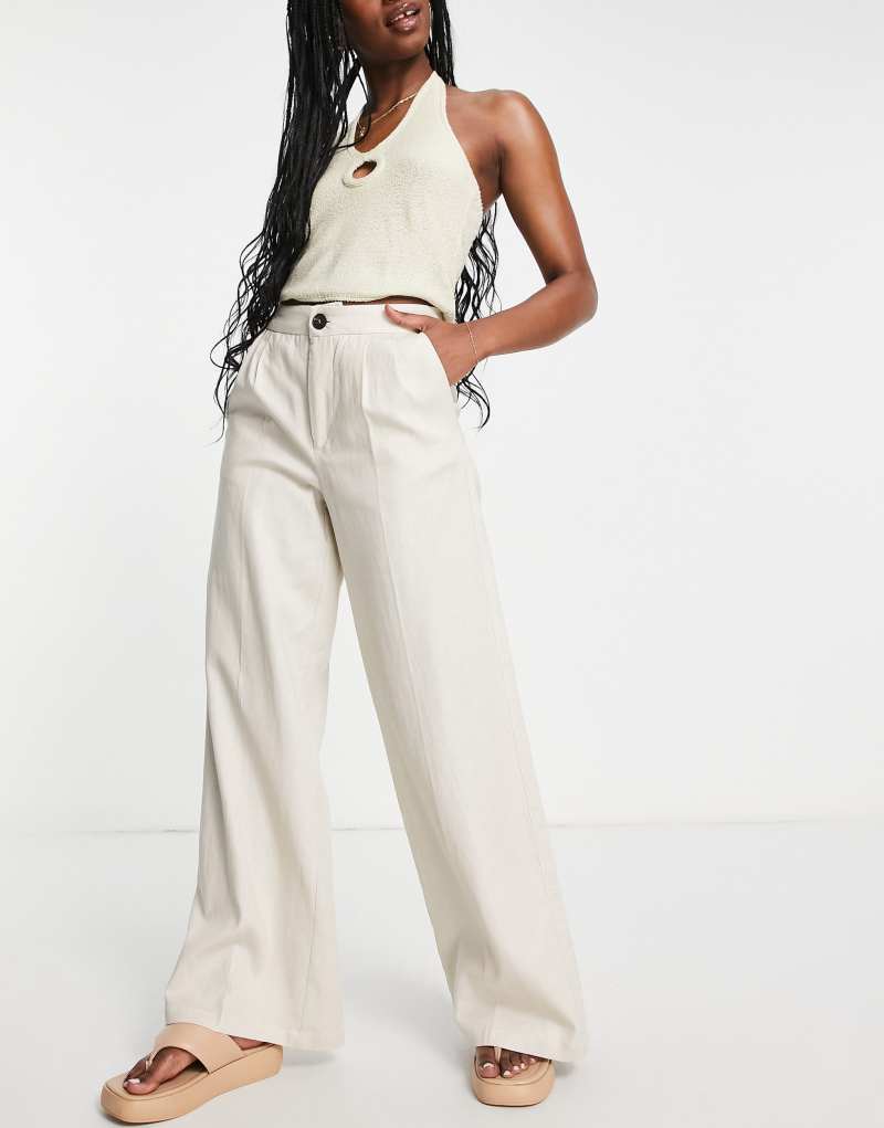 Bershka straight leg linen pants in sand Bershka