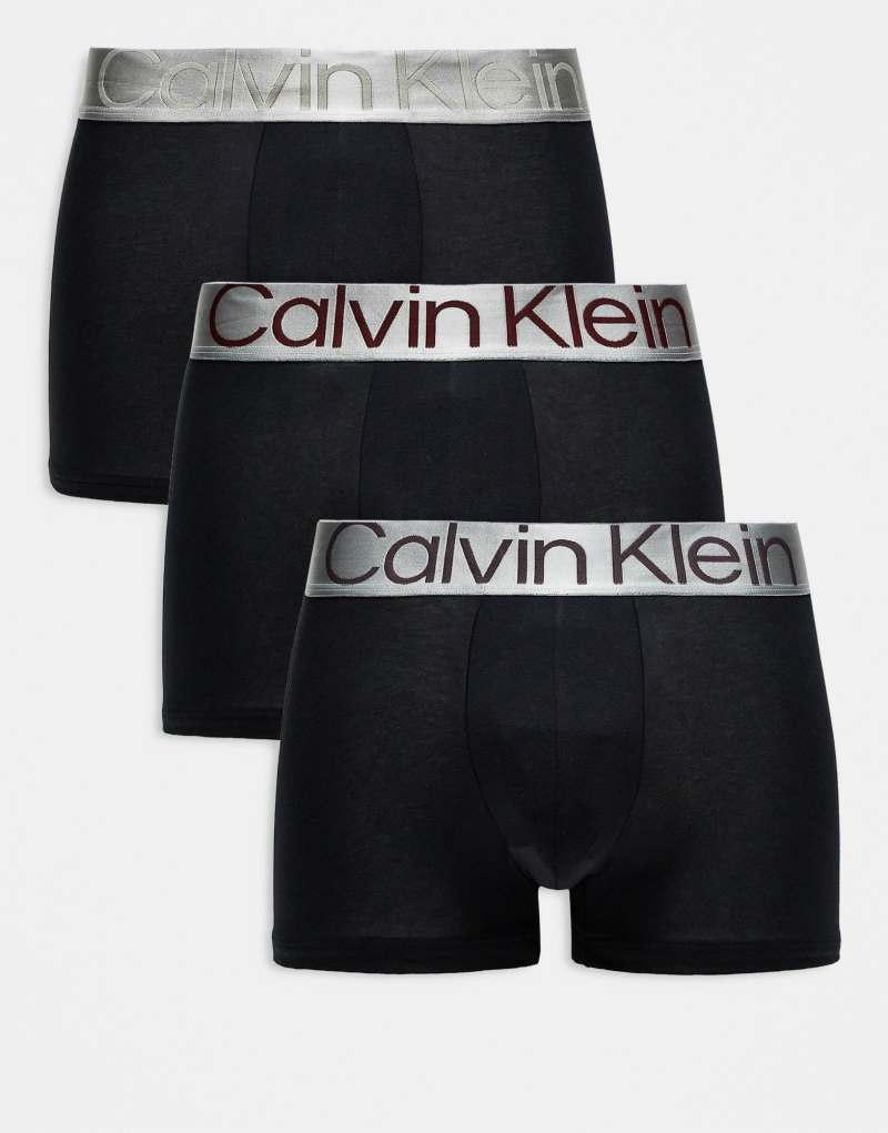 Calvin Klein Steel 3-pack trunks with colored logo waistband in black Calvin Klein