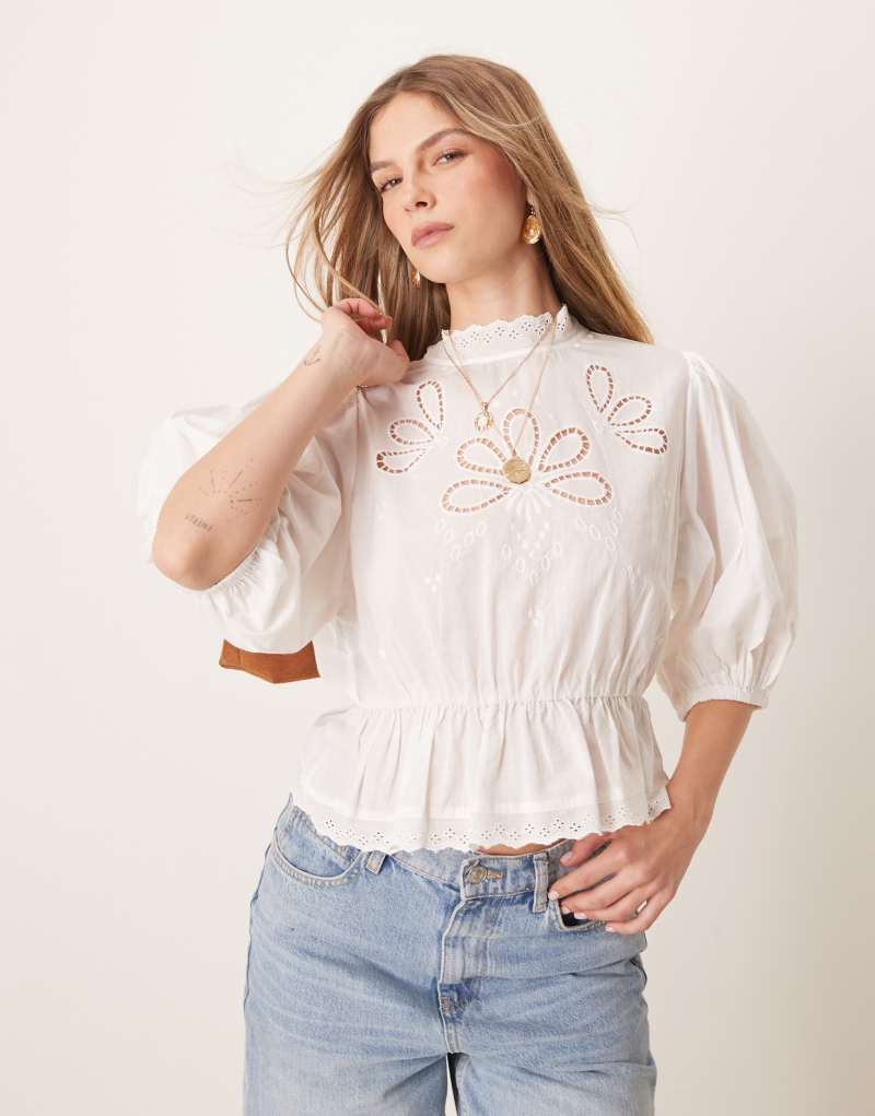 Gina Tricot puff sleeve blouse top with embroidered cutwork front bodice detail in white Gina Tricot