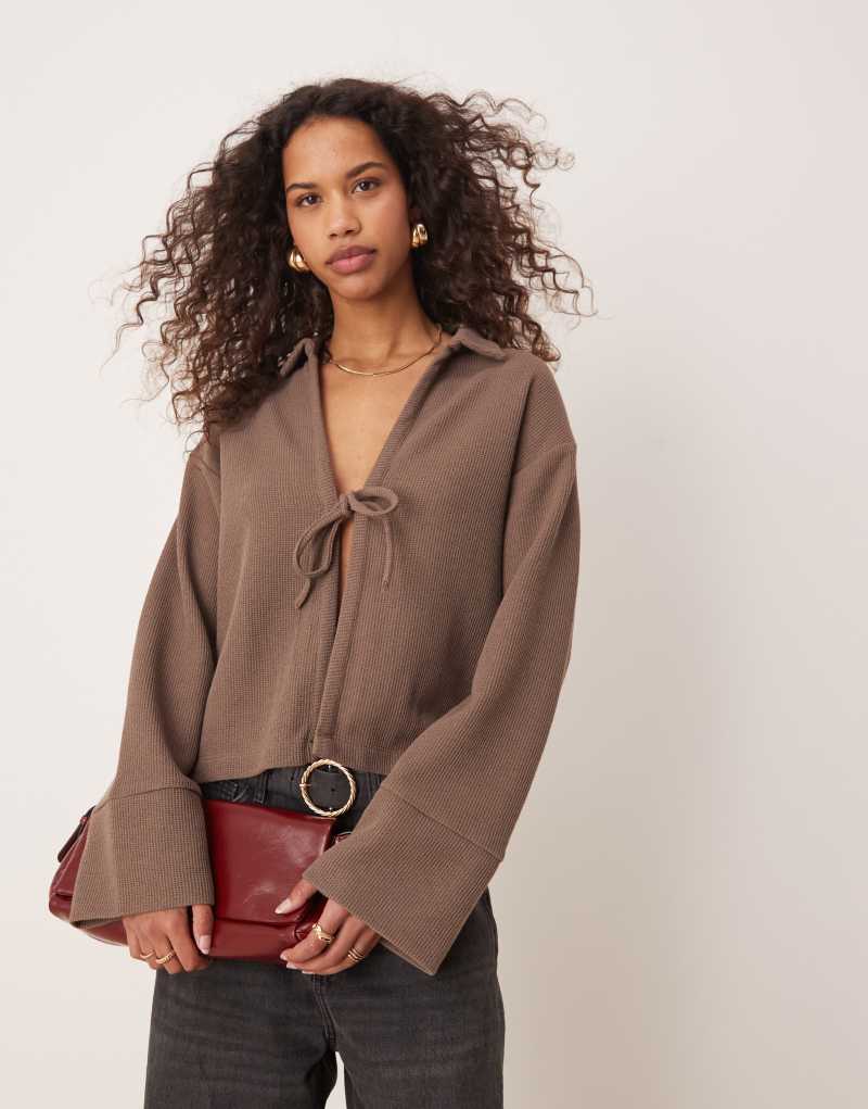 Gina Tricot collar tie front cardigan top in brown Gina Tricot