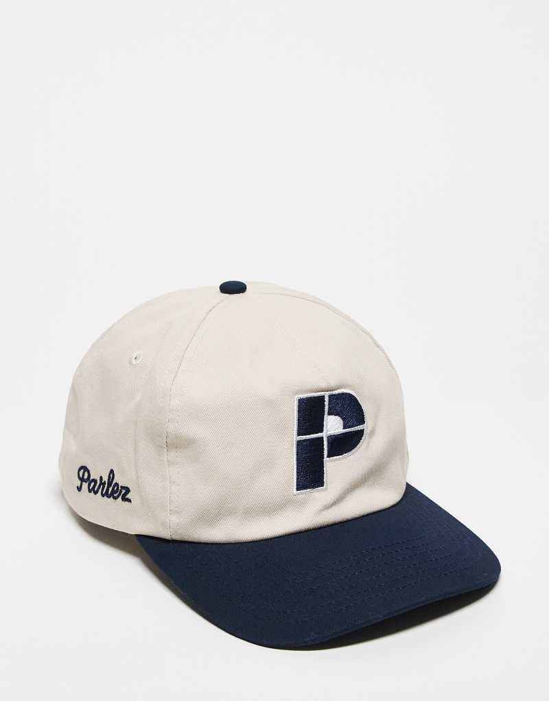 Parlez Homerun logo cap with leather strap in white/blue Parlez