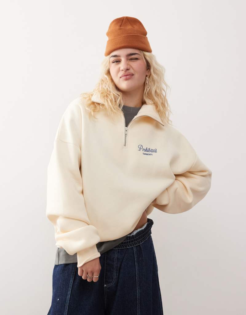 Prohibited half zip contrast logo detail sweatshirt in cream Prohibited