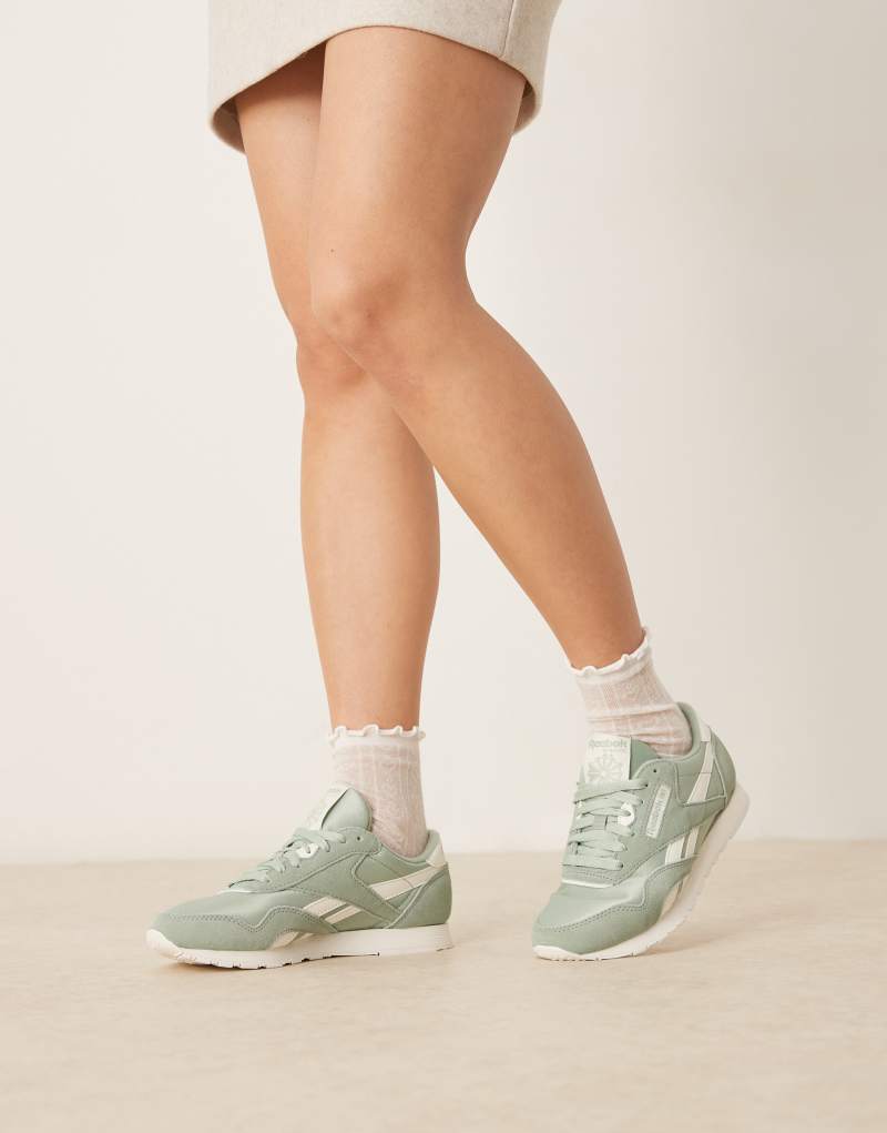 Reebok classic nylon sneakers in sage green and white detail  Reebok