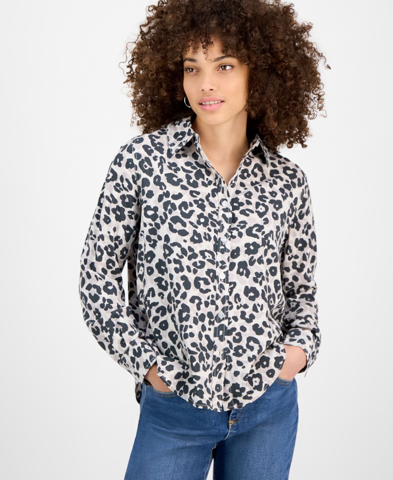 Petite Cat-Print Fold-Collar Blouse DKNY