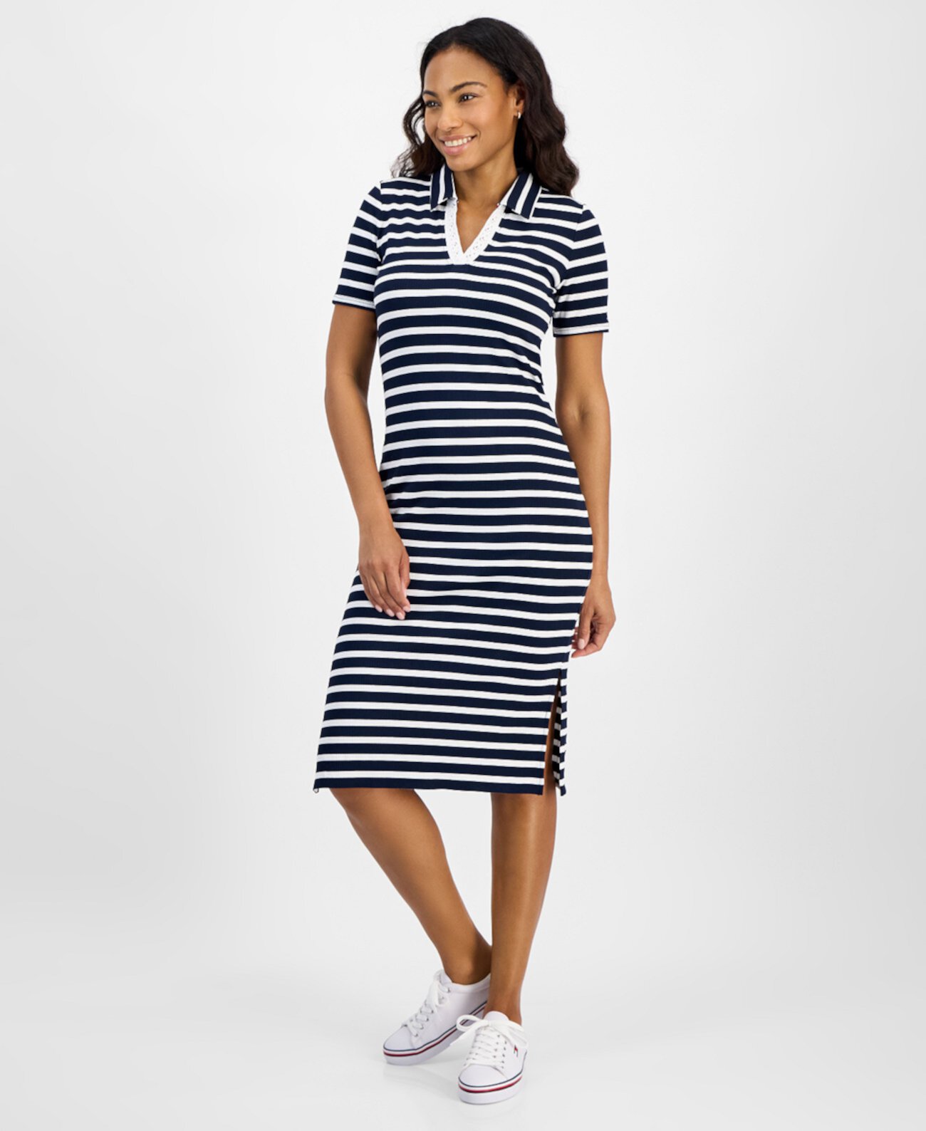 Women's Striped Crochet-Trim Midi Dress Tommy Hilfiger