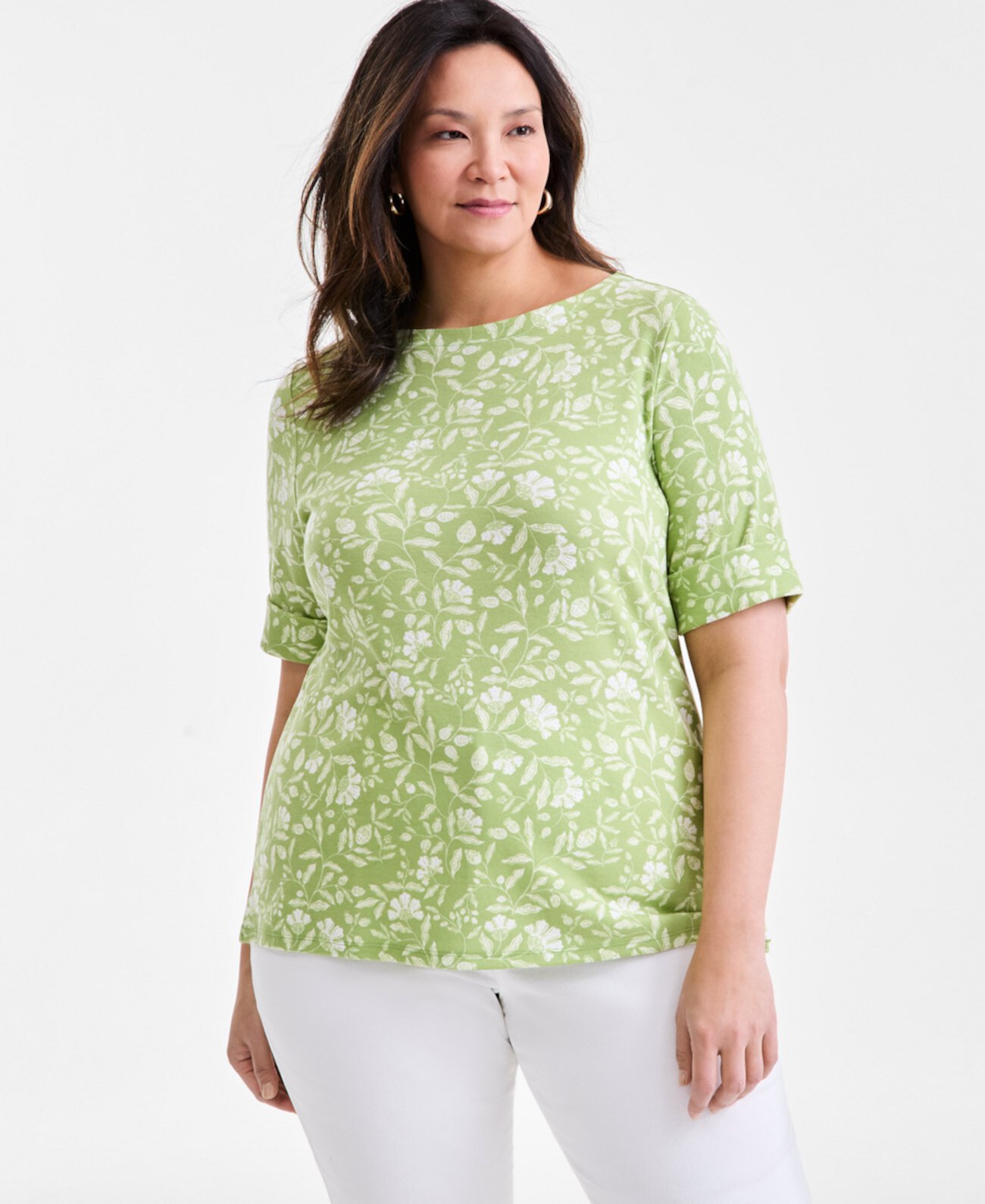 Plus Size Printed Elbow-Sleeve Tee, Exclusively at Macy's Style & Co