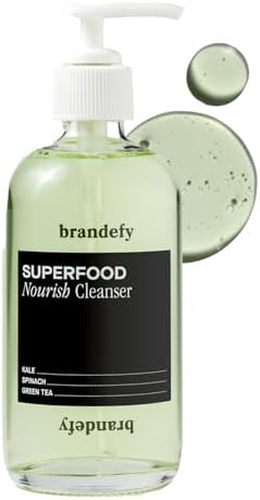 Brandefy Superfood Face Wash, Gentle & pH Balanced Cleanser w/Kale, Green Tea, Spinach, Vitamin C, E, K2- Softens & Nourishes Skin, Organic Facial Cleanser for All Skin Types (8 Fl Oz) Brandefy