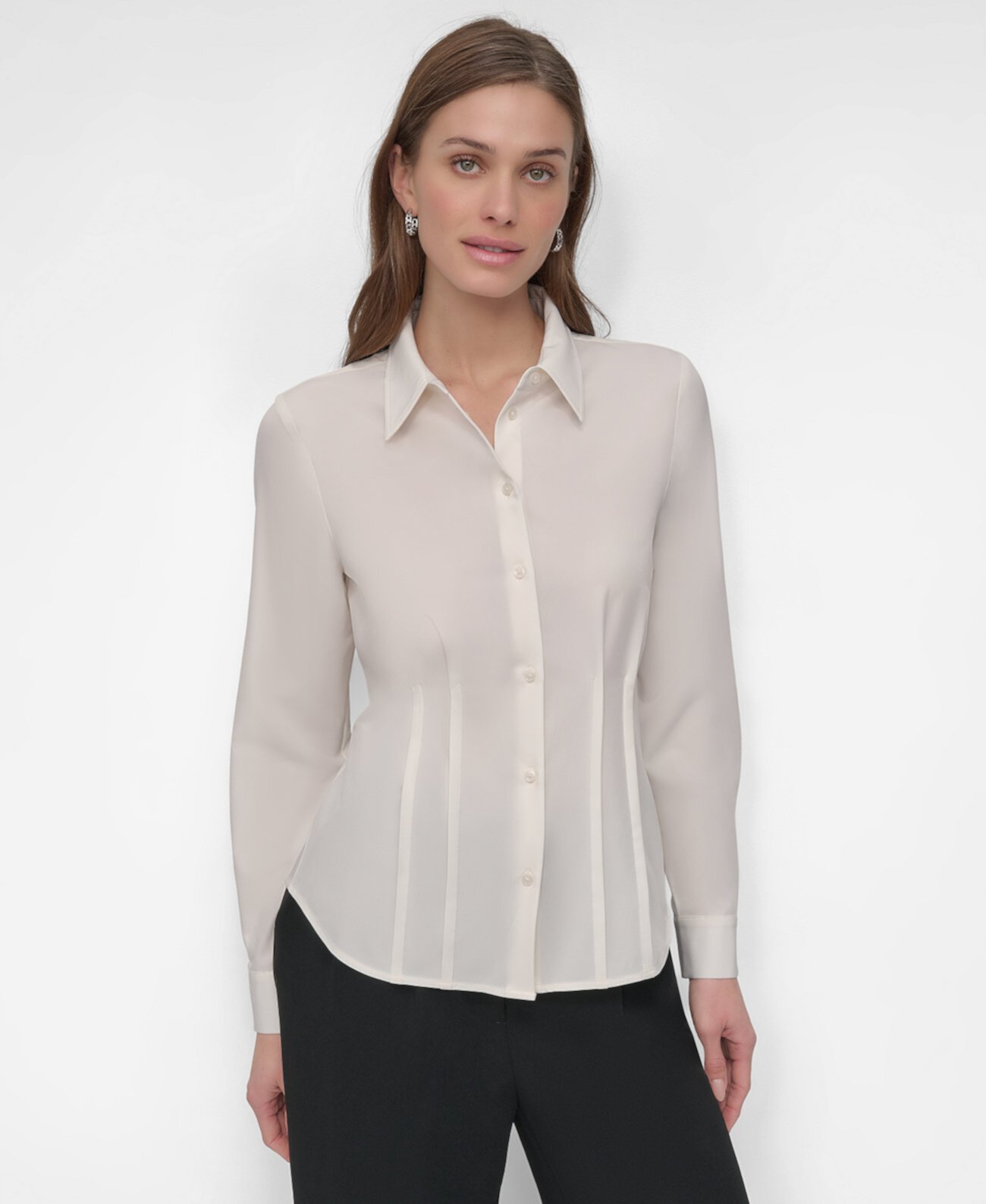 Women's Button-Front Collared Fitted Blouse DKNY