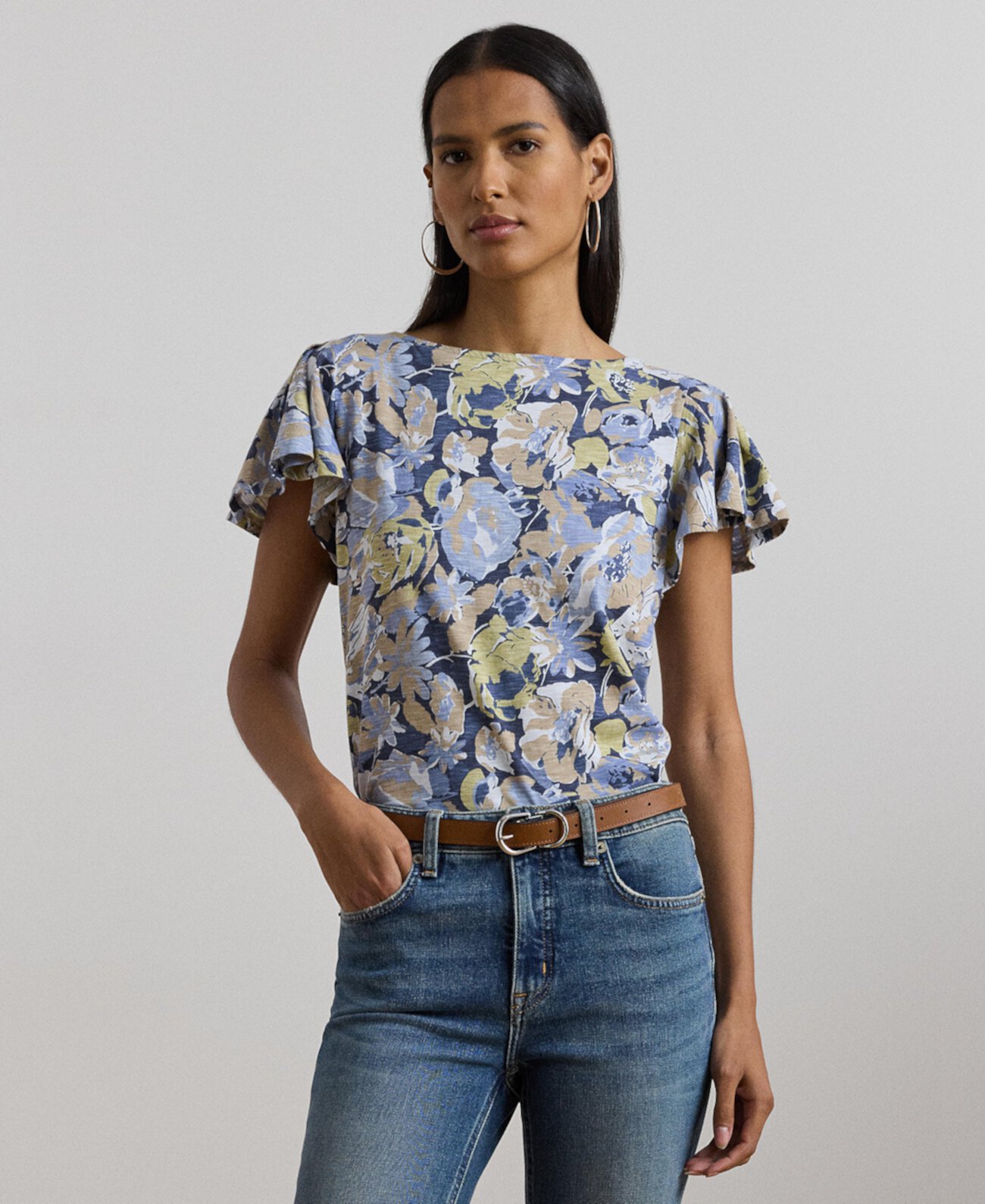 Women's Floral Slub Jersey Flutter-Sleeve Top LAUREN Ralph Lauren