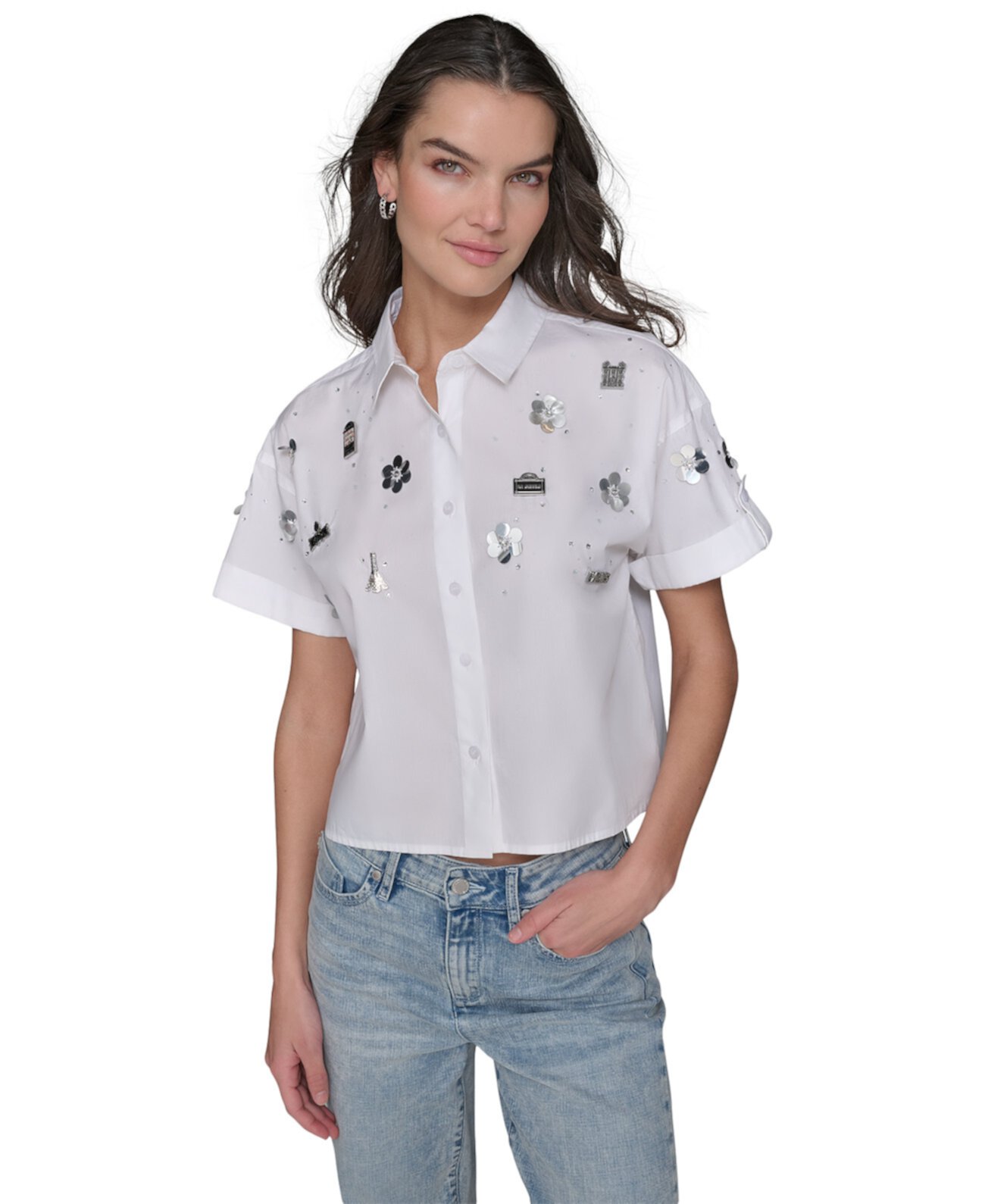 Women's Embellished Cropped Button-Down Shirt Karl Lagerfeld Paris