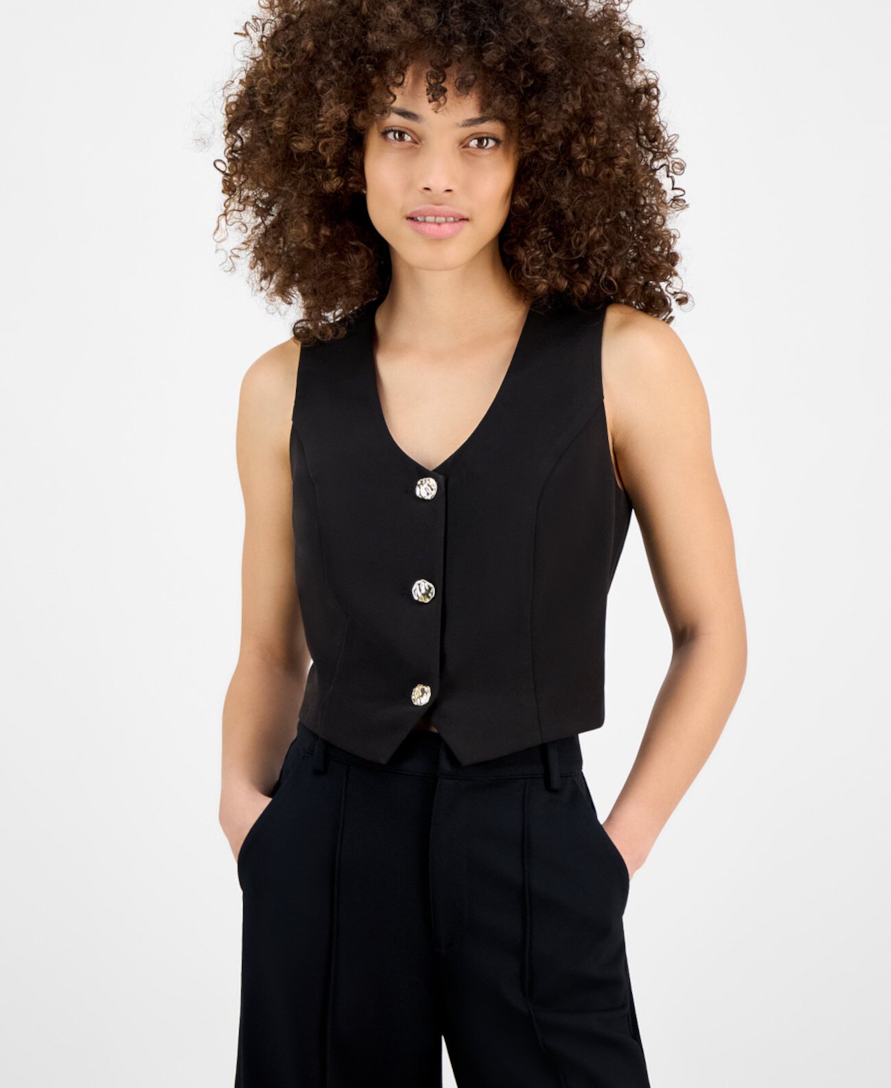 Petite V-Neck Button-Front Cropped Vest, Exclusively at Macy's Bar III