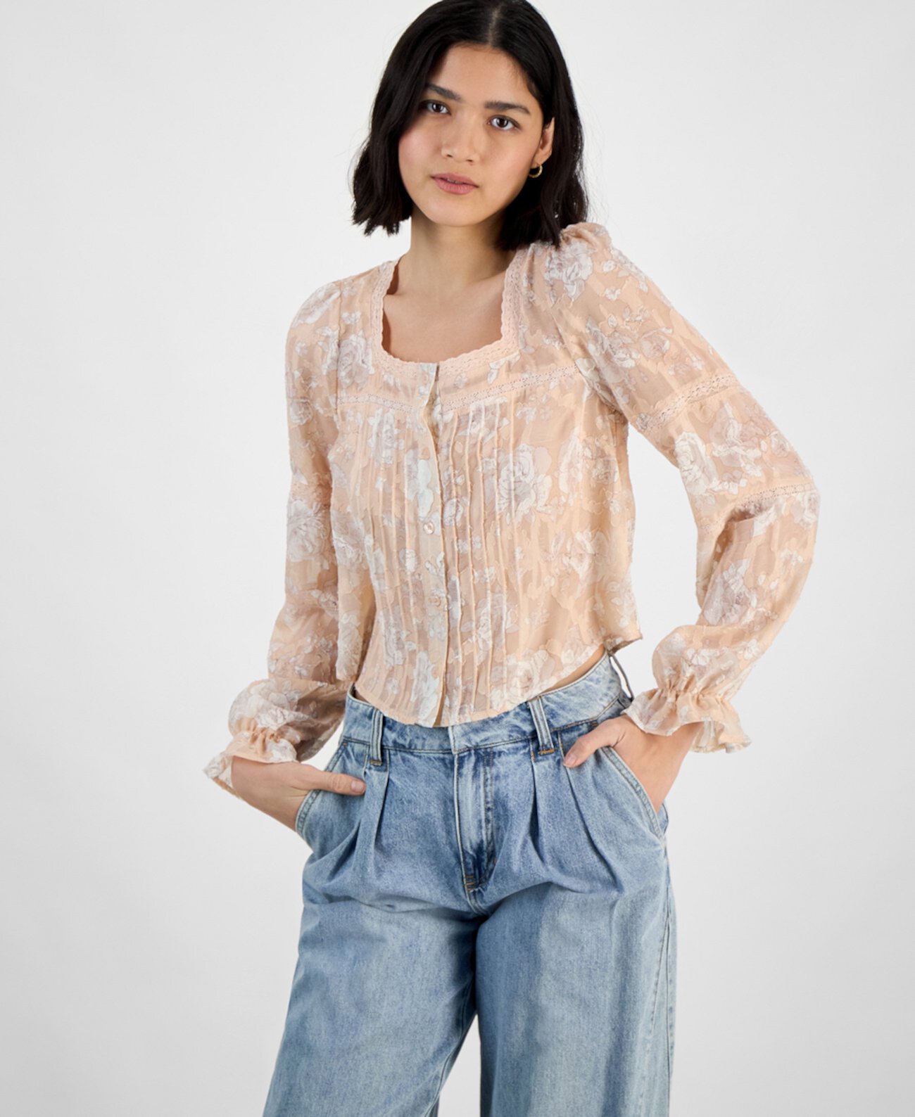 Women's Pleated Lace-Trim Floral-Print Blouse, Exclusively at Macy's And Now This