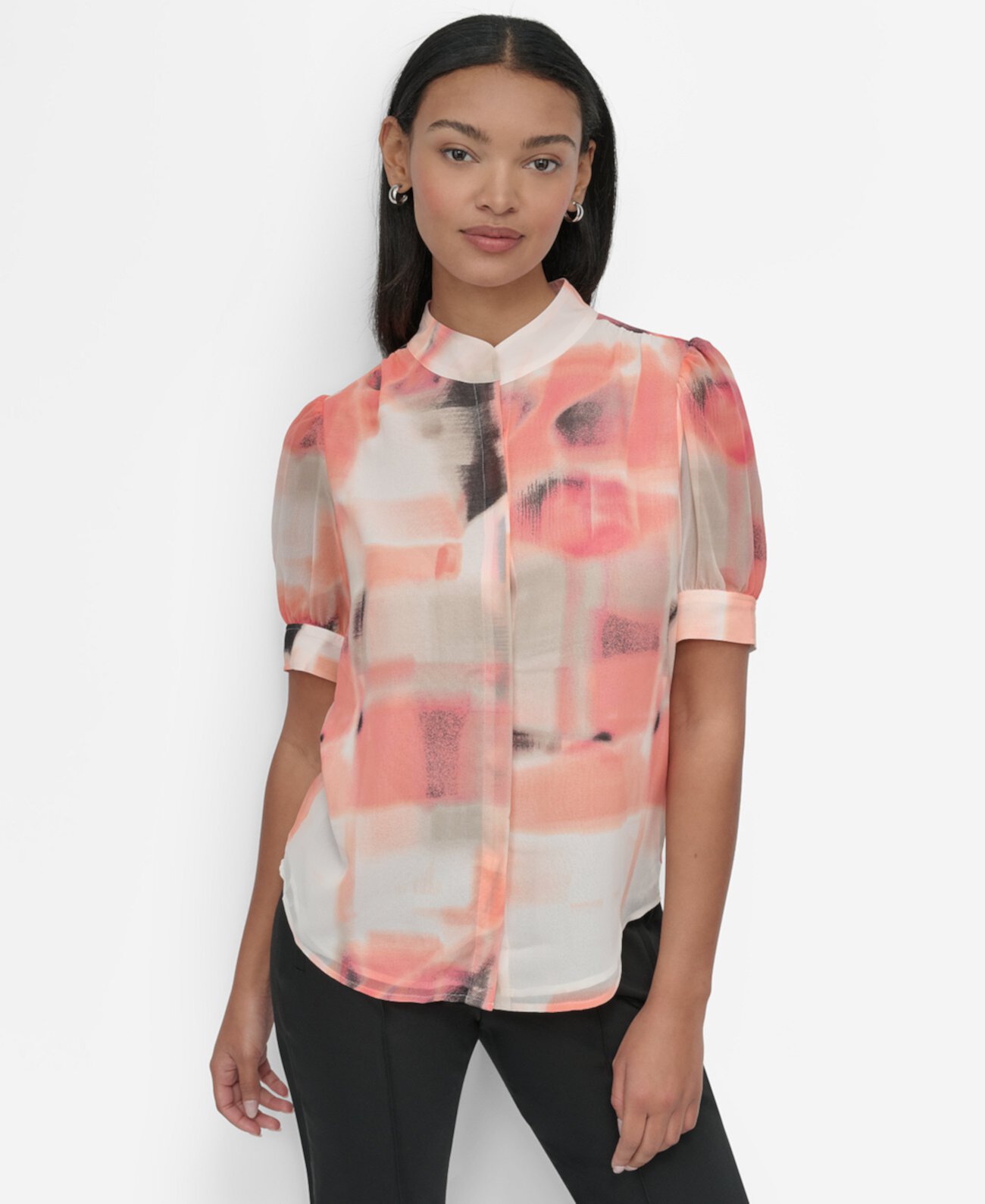 Women's Printed Puff-Sleeve Button-Front Blouse DKNY