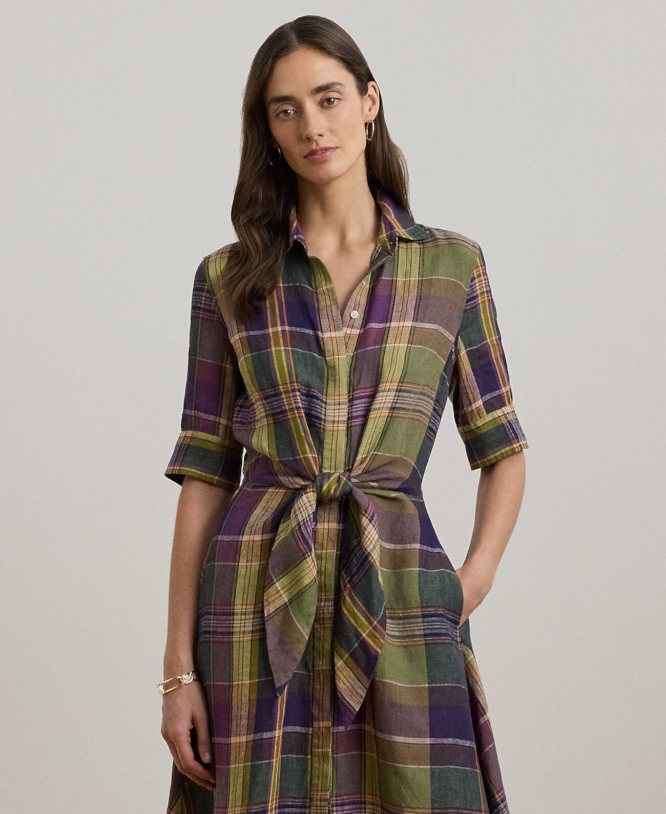 Petite Plaid Tie-Front Linen Shirtdress LAUREN Ralph Lauren