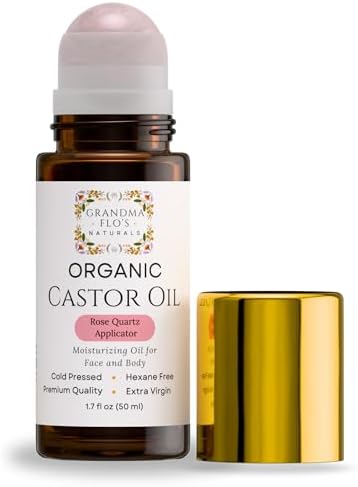 Grandma Flo's Naturals Organic Castor Oil with Rose Quartz Roll On For Face and Body - Glass Bottle, Cold Pressed, Hexane Free, Unrefined - Stimulate Hair Growth, Moisturize Skin Grandma Flo's Naturals