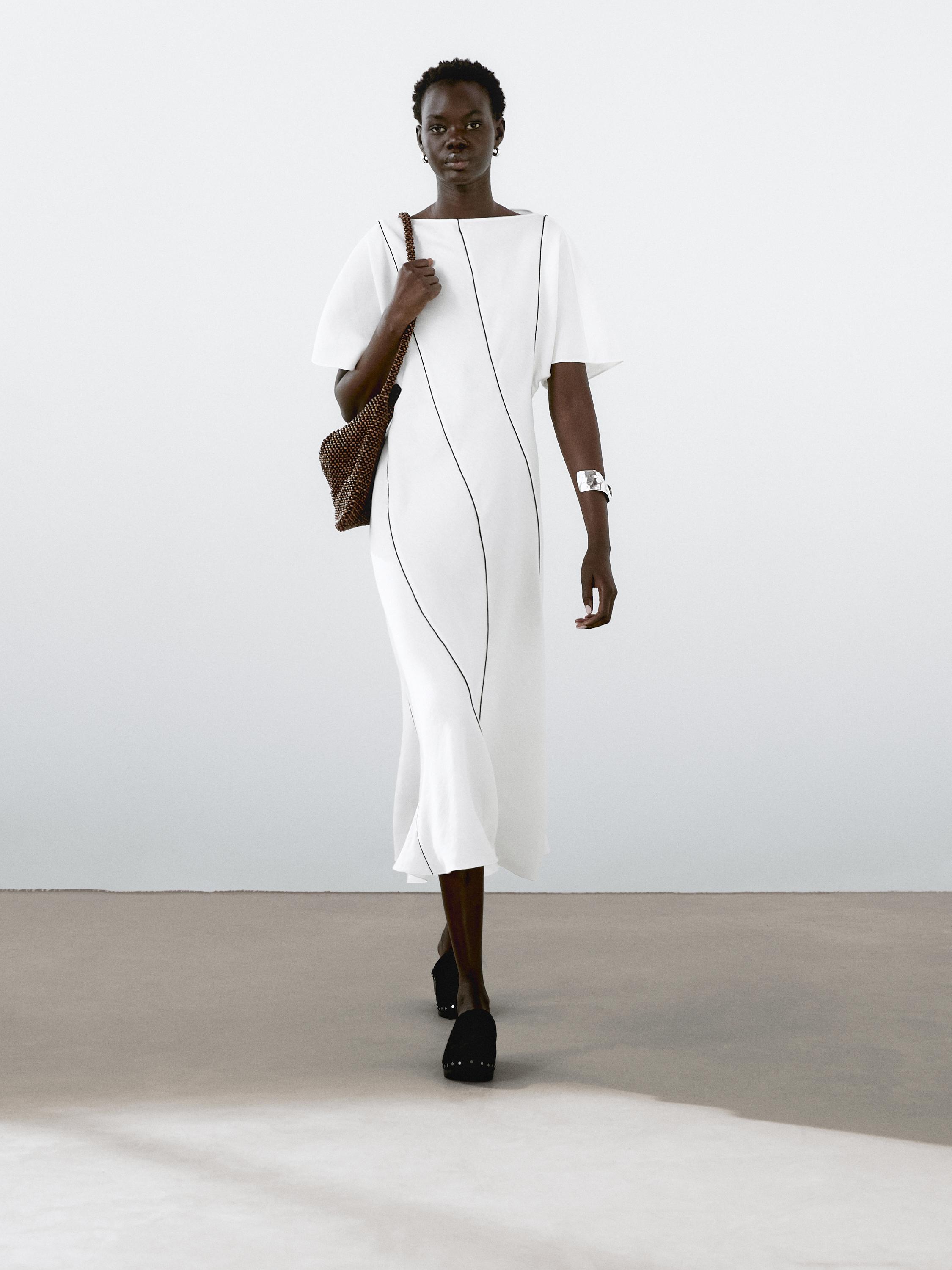 Flowing linen blend dress with contrasting details Massimo Dutti