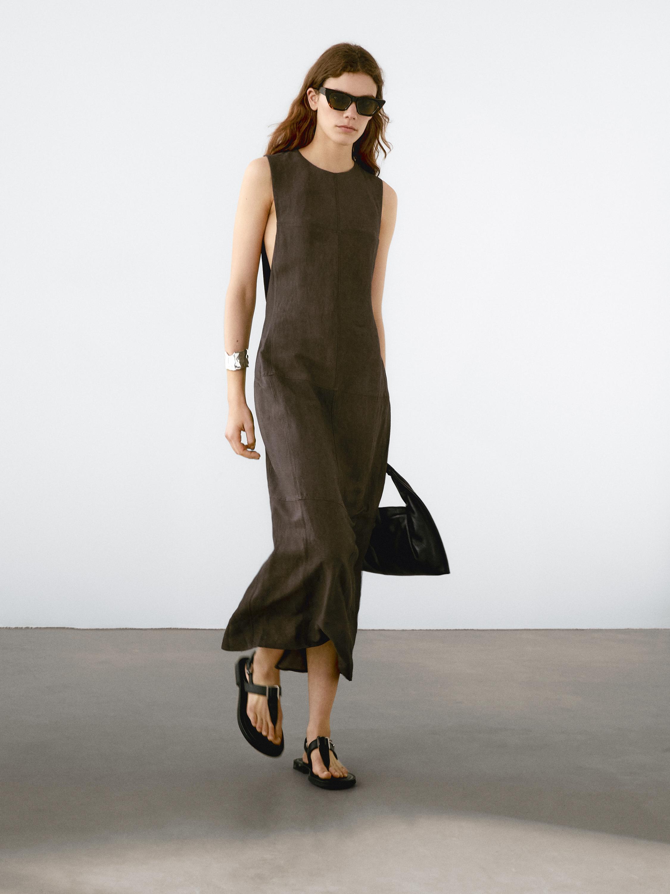 Linen blend midi dress with seams Massimo Dutti