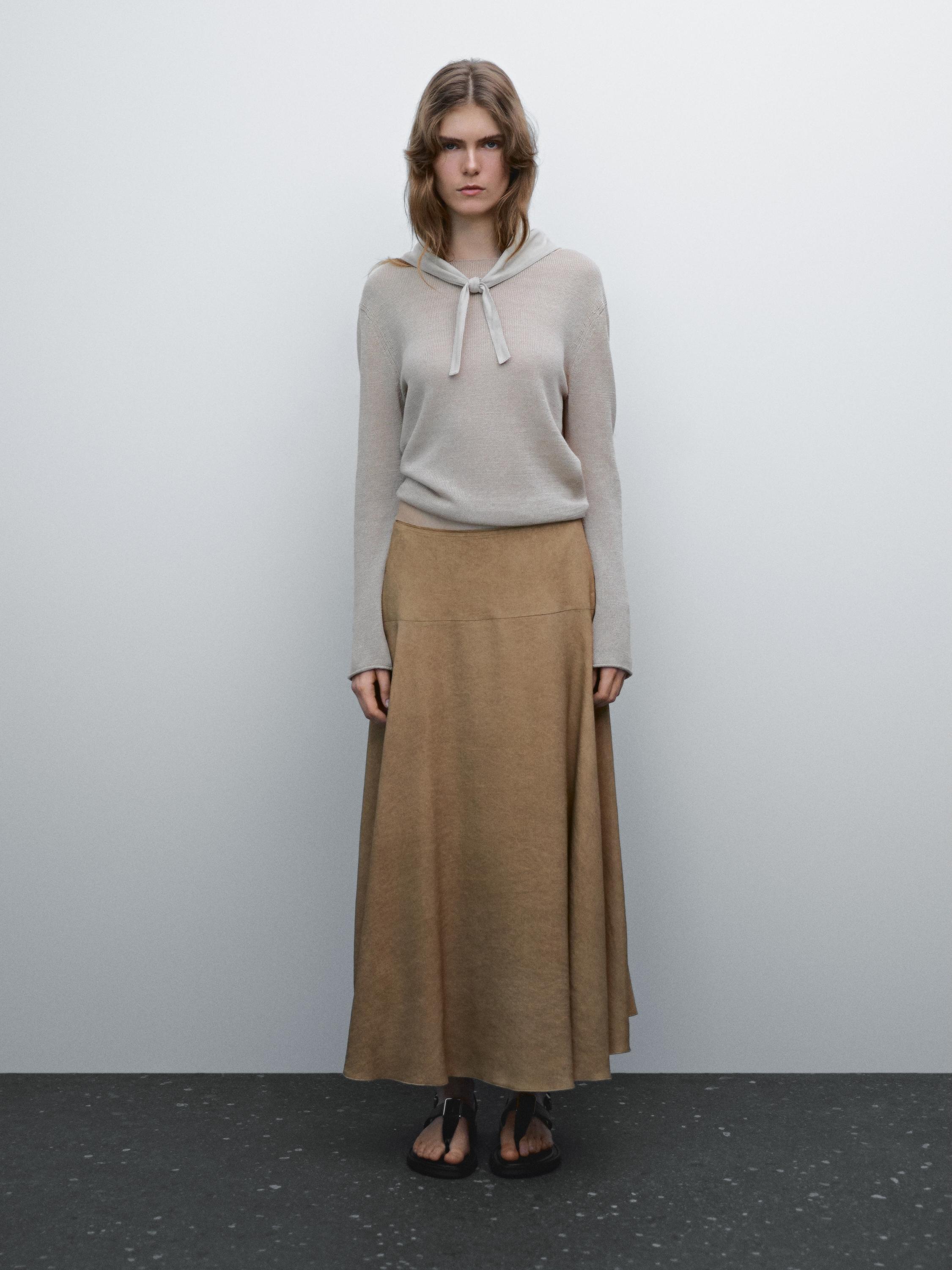 Linen blend midi skirt with flounce Massimo Dutti