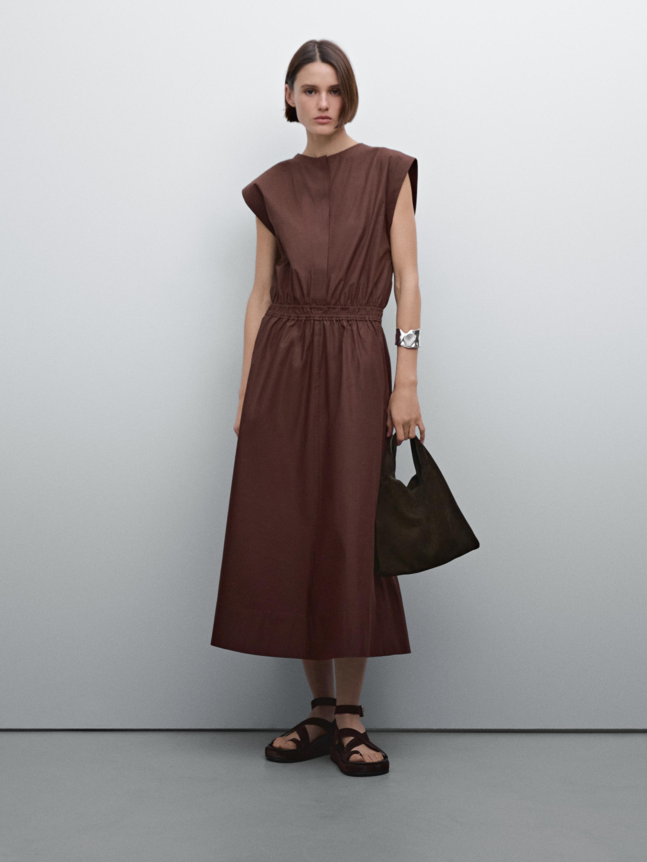 Poplin midi dress with elasticated waistband Massimo Dutti