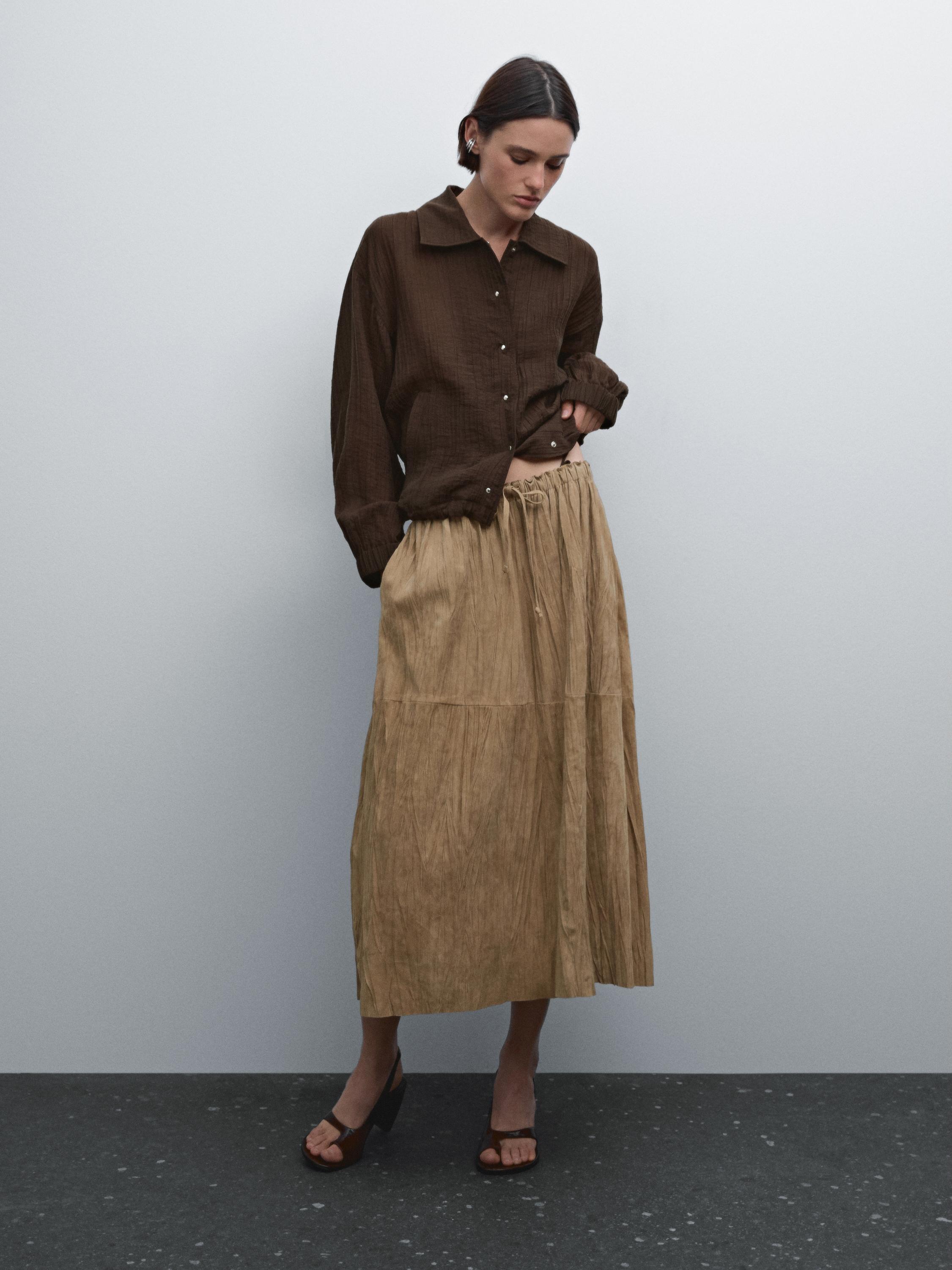 Straight suede leather midi skirt Massimo Dutti