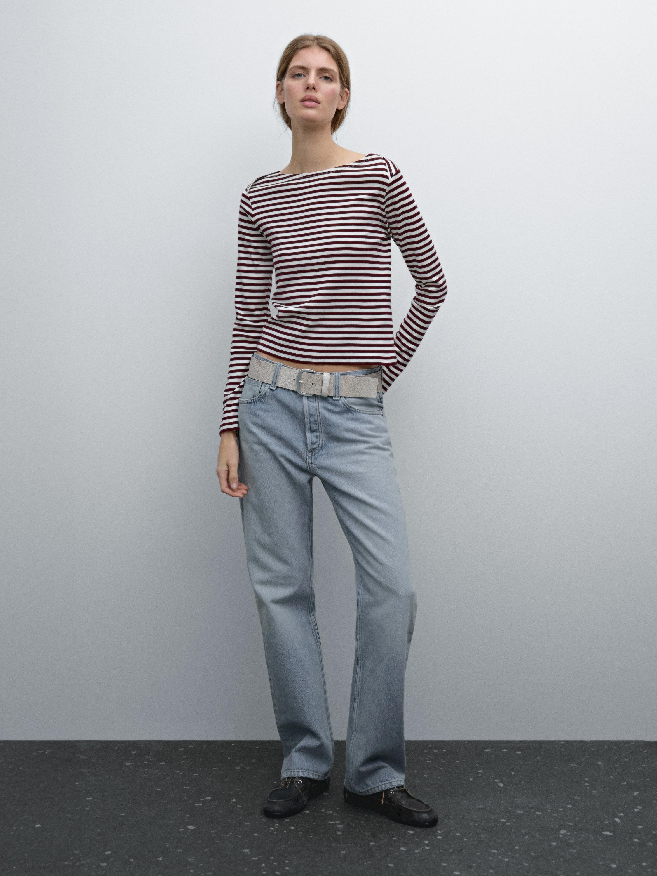 Striped T-shirt with crossover shoulder detail Massimo Dutti