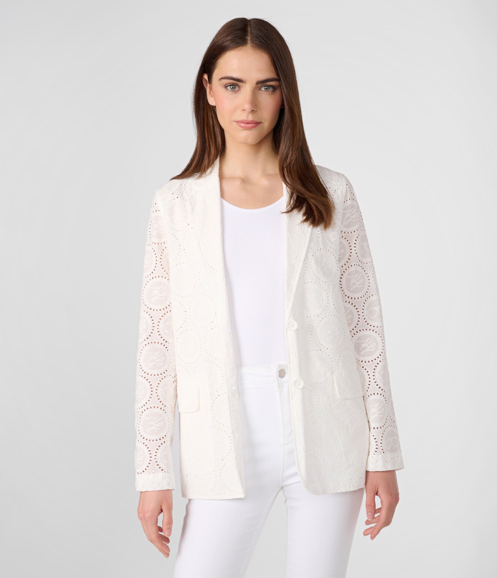 EYELET LACE BUTTON UP BLAZER Karl Lagerfeld Paris