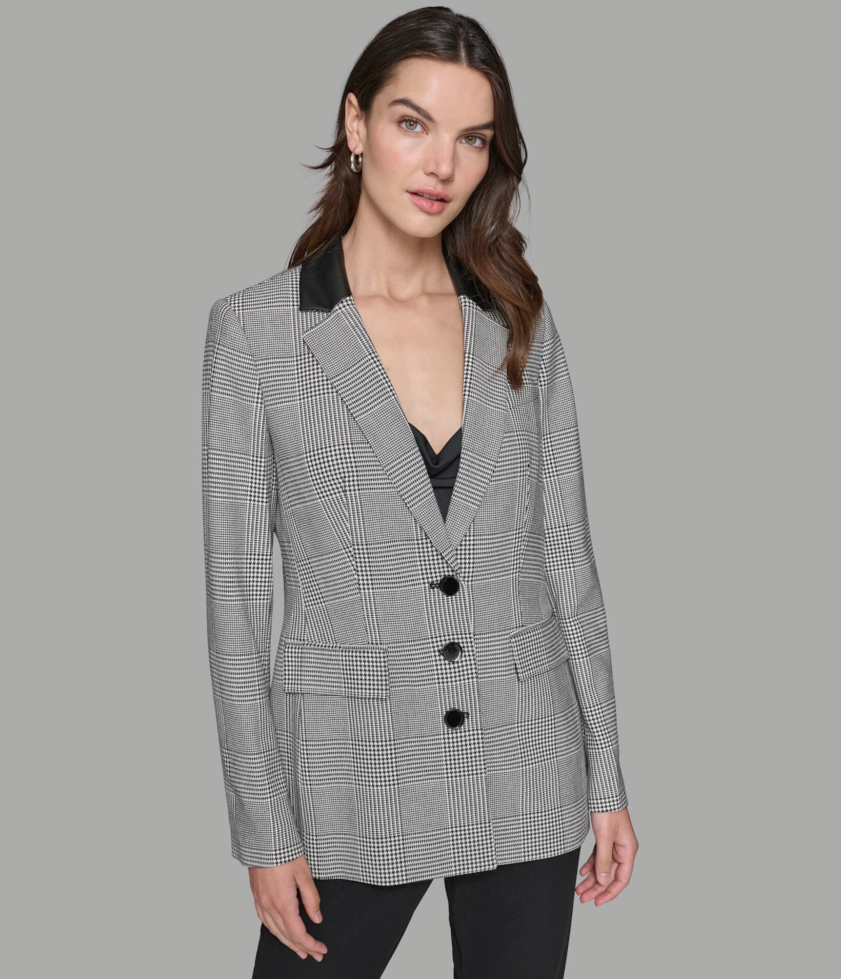 GLEN PLAID FAUX LEATHER COLLAR BLAZER Karl Lagerfeld Paris