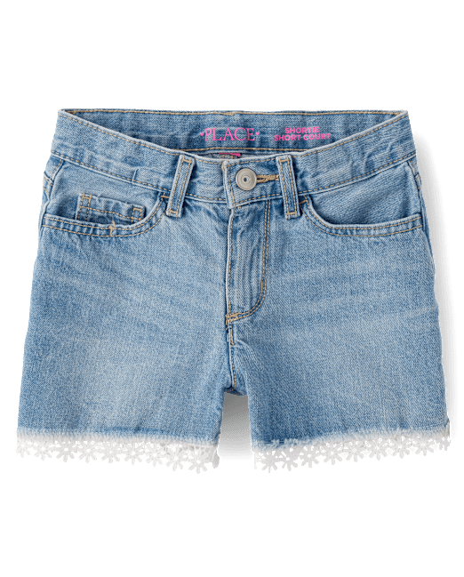 Girls Lace Hem Denim Shortie Shorts The Children`s Place